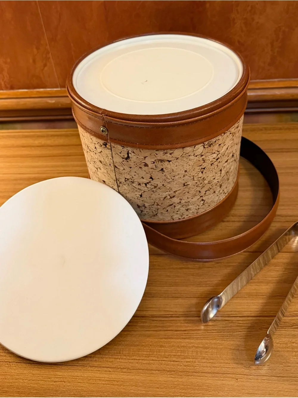 Vintage Mid Century Modern Cork Ice Bucket Faux Leather MCM Barware Tongs Set
